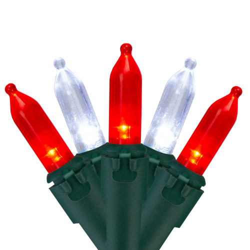 50 Red and White LED Mini Christmas Lights - 16.25 ft Green Wire