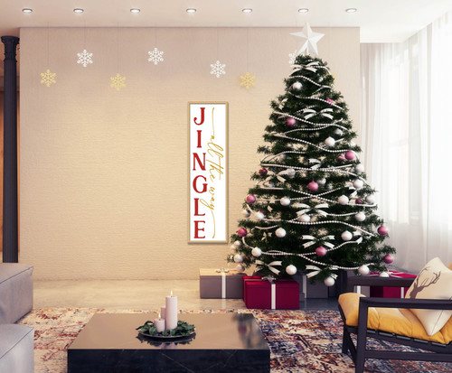 Jingle All The Way Tall 12.5" x 43.5" Framed Christmas Wall Decor Art Print Sign Poster in a Natural Wooden Frame with UV Acrylic and Hangers