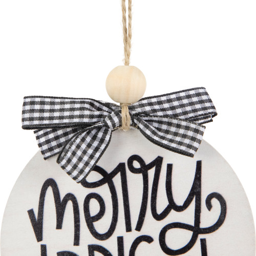 4" Black and White Merry & Bright Christmas Disc Wooden Ornament with Plaid Bow