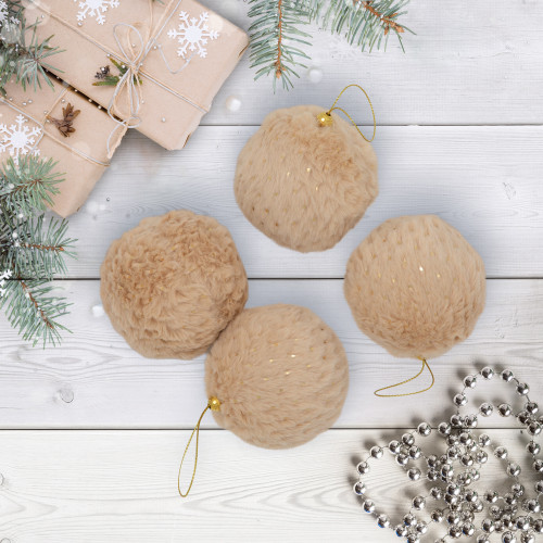 Faux Fur and Sequin Christmas Ball Ornaments - 2.75" - Beige - Set of 4