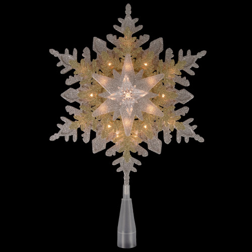 13.75" Lighted Gold and Silver Snowflake Christmas Tree Topper, Clear Lights