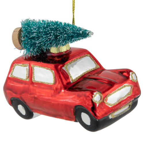 3.5" Red Station Wagon with Tree Glass Christmas Ornament