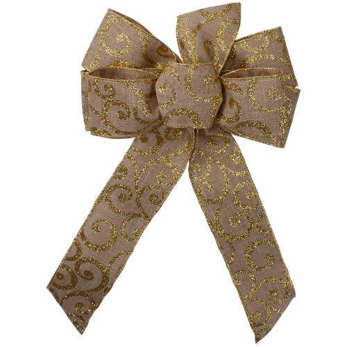 Burlap Glitter Scroll 6-Loop Christmas Bow Decoration - 9" x 14" - Brown and Gold