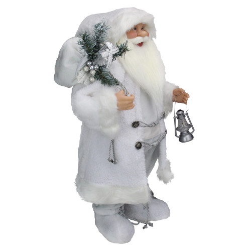 24" White Silver Santa Claus with Lantern Christmas Figure