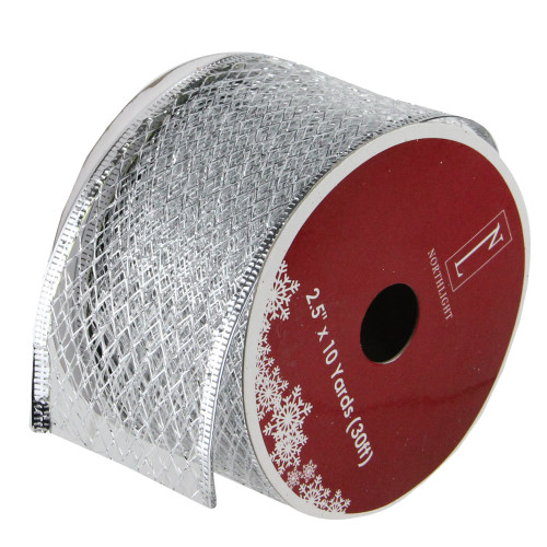 Silver Glittering Metallic Lattice Wired Christmas Craft Ribbon 2.5 x 10 Yards
