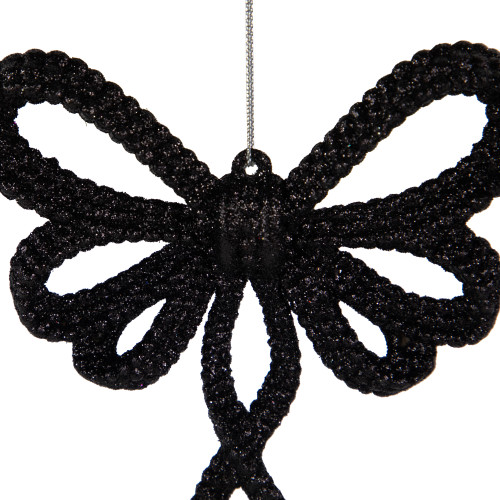 Set of 4 Black Glitter Bowtie Christmas Ornaments 6"