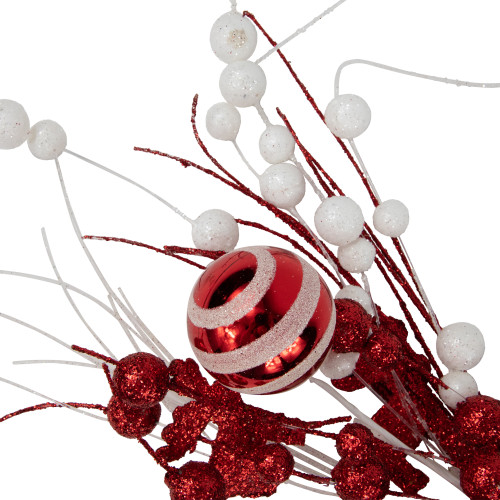 24" Red and White Pearls and Swirls Christmas Spray