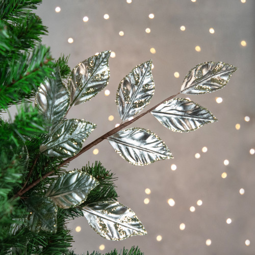 25" Glittered Platinum Leaves Christmas Spray