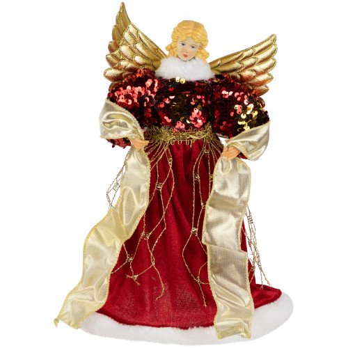 Metallic and Sequin Angel Christmas Tree Topper - 12" - Red and Gold - Unlit