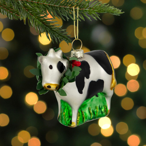 3" Cow with Wreath Christmas Glass Hanging Ornament