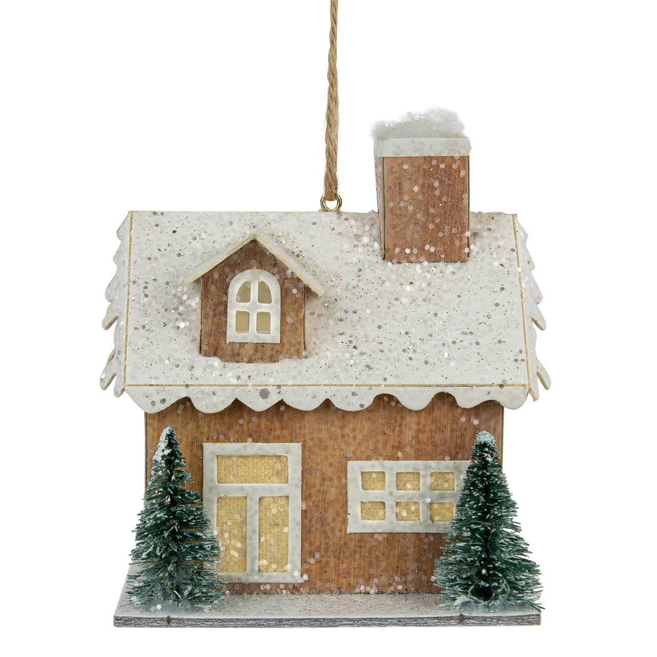 4" Battery Operated Tan Brown and White Lighted House Christmas Ornament