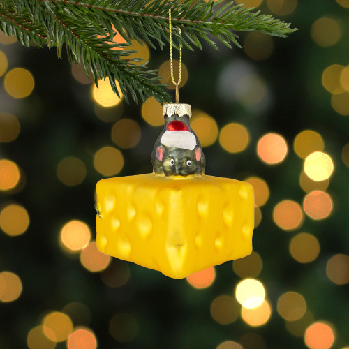 3.25" Mouse with Cheese Glass Christmas Ornament