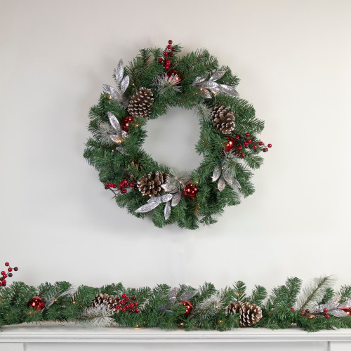Pre-Lit Battery Operated Frosted Pine Cone and Berries Christmas Wreath - 24" - White LED Lights