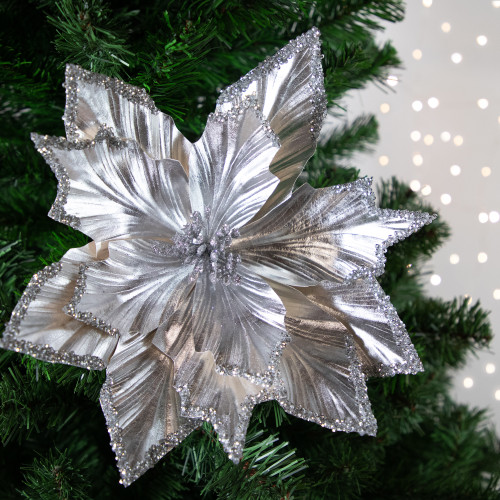 24" Metallic Silver Poinsettia Christmas Stem Spray