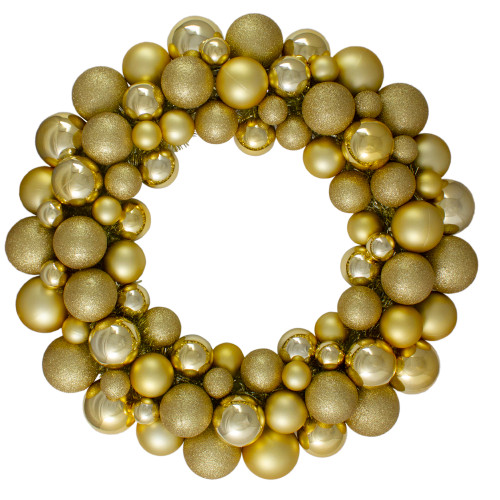 Vegas Gold 3-Finish Shatterproof Ball Christmas Wreath - 24-Inch, Unlit