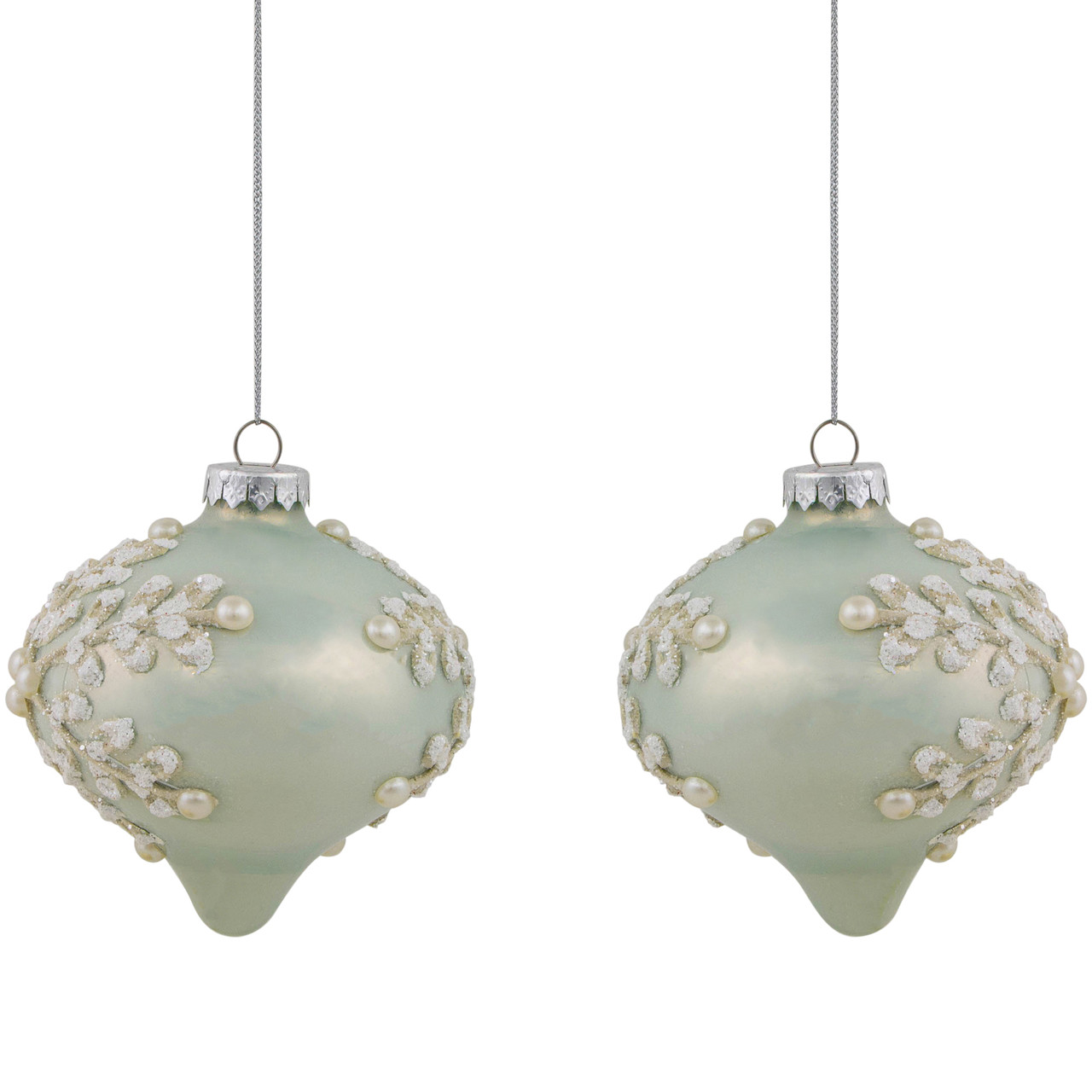 Set of 2 Pastel Green with Icy Snowflakes Christmas Glass Onion Ornaments 4"