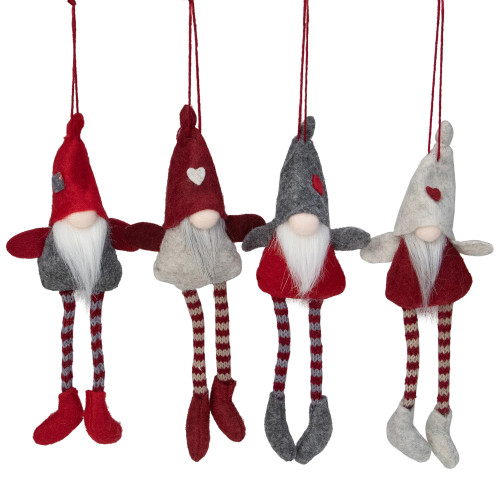 Set of 4 Red and Gray Plush Gnome Christmas Ornaments 9"
