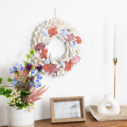 Artificial Seashells Wooden Wreath - 13" - White