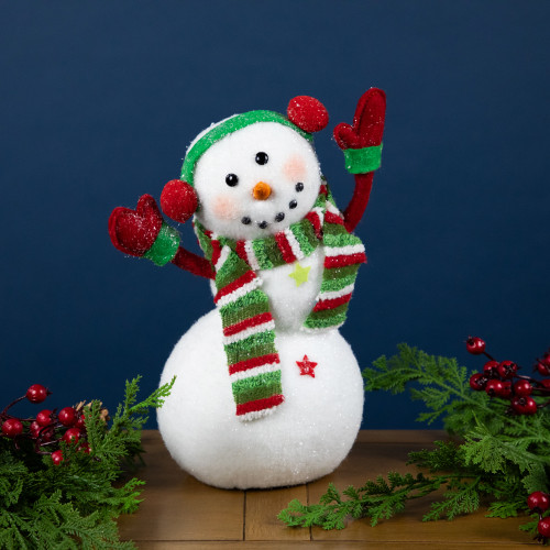 Waving Snowman with Earmuffs Glitter Christmas Figurine - 10"