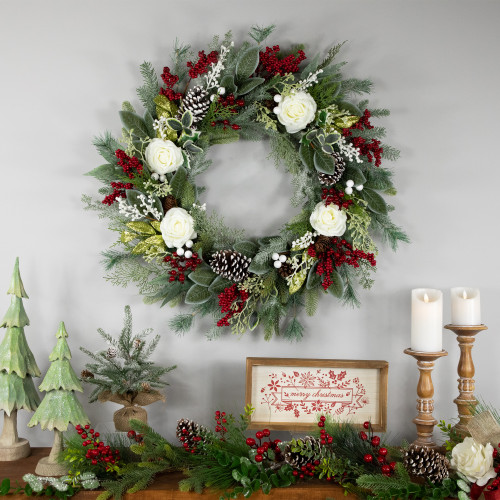 Real Touch?? Mixed Foliage and Roses Artificial Christmas Wreath 30" - Unlit