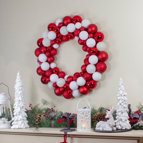 White and Red 3-Finish Shatterproof Ball Christmas Wreath - 24-Inch, Unlit