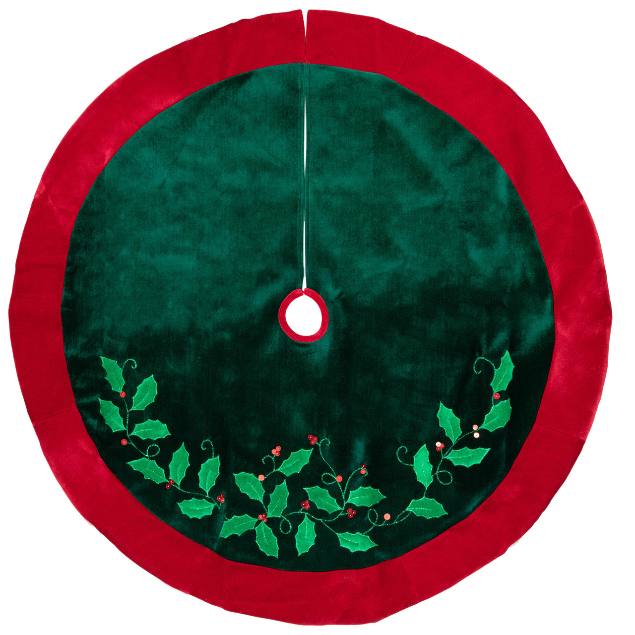 48" Dark Green Holly and Berry Velveteen Christmas Tree Skirt