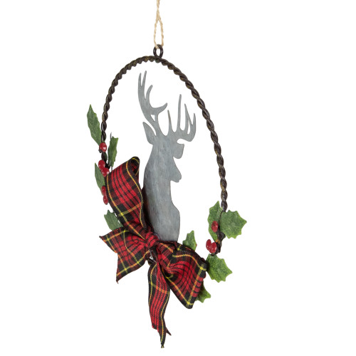 5.5" Wreath and Galvanized Moose Christmas Ornament with Plaid Bow