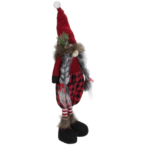 Buffalo Plaid Girl Gnome with Pigtails Christmas Figure - 17" - Red and Black