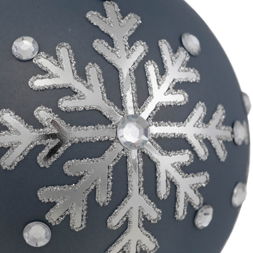 Set of 2 Slate Blue Jeweled Snowflake Glass Christmas Ball Ornaments