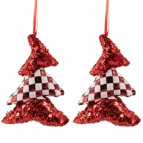 Sequined and Checkered Tree Christmas Ornaments - 5" - Red - Set of 2