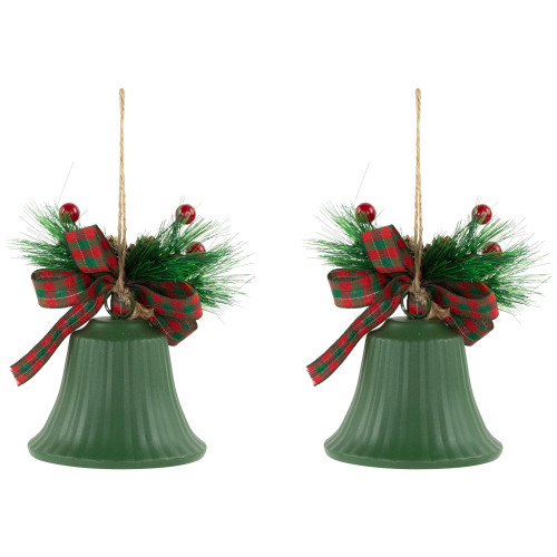 Christmas Bells with Pinecones and Plaid Bow Ornaments - 7" - Green - Set of 2