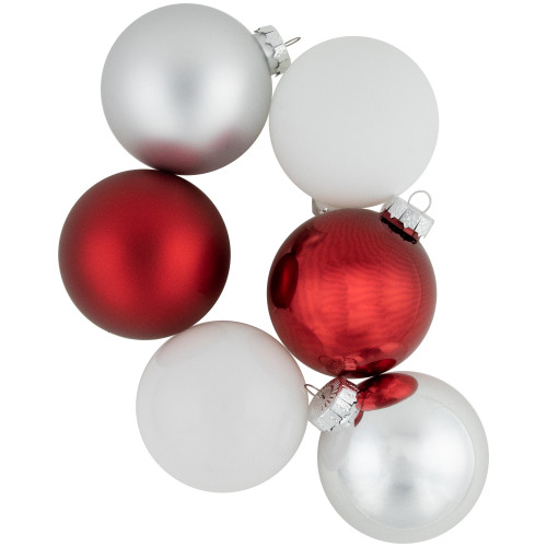 72ct Red, Silver and White Shiny and Matte Glass Ball Christmas Ornaments 3.25-4"
