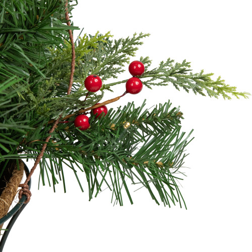 LED Lighted Red Berries and Mixed Pine Hanging Christmas Basket - 18"