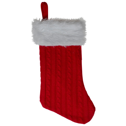 19" Red and White Cable Knit Christmas Stocking with Fur Cuff