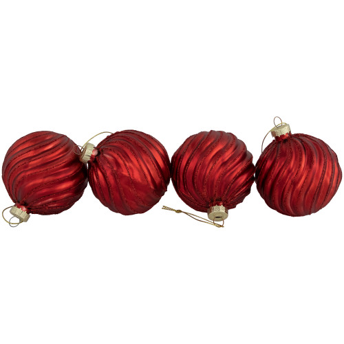 4ct Red Swirls Glittered Christmas Ball Ornaments 3" (80mm)