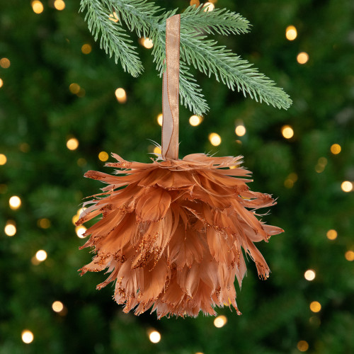 Glittered Feather Christmas Ball Ornament - 6" - Rust Orange