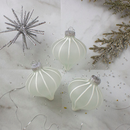 3ct Clear and White Matte Frosted Glitter Stripes Glass Christmas Onion Drop Ornaments 3.25" (75mm)