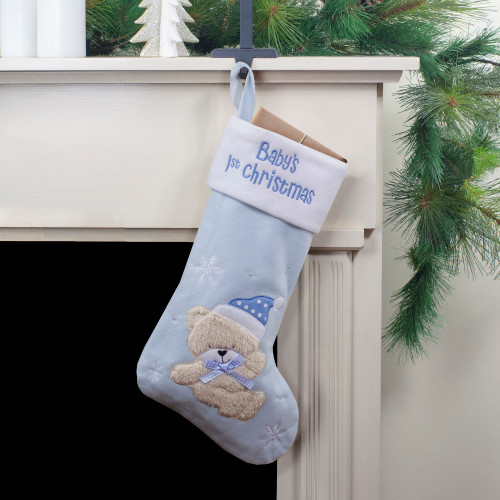 Baby's 1st Christmas Embroidered Teddy Bear Stocking - 19" - Blue and White