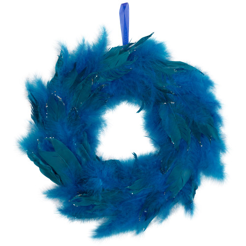 Two-Tone Feathers Glittered Christmas Wreath - 14.5" - Unlit - Turquoise