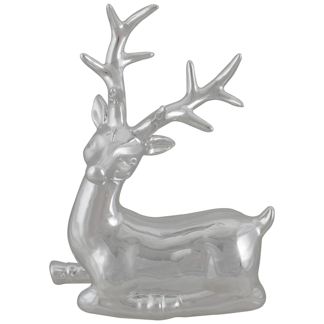 Shiny Ceramic Sitting Reindeer Christmas Decoration - 10" - Silver