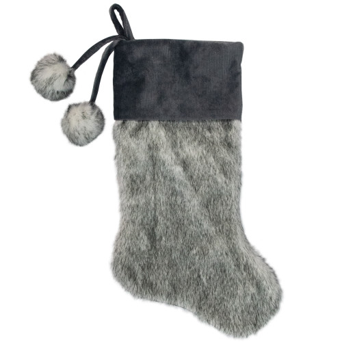 20.5-Inch Gray Faux Fur Christmas Stocking with Corduroy Cuff and Pom Poms