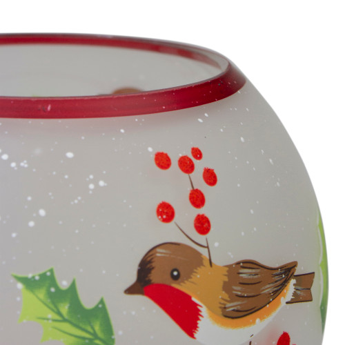 5-Inch Hand Painted Finches and Pine Flameless Glass Candle Holder