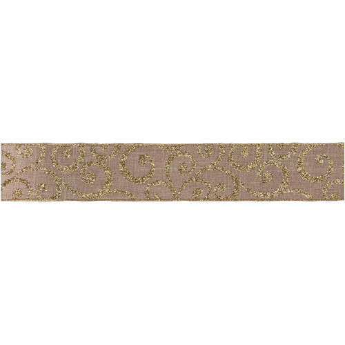 Burlap and Gold Scroll Christmas Wired Craft Ribbon 2.5" x 10 Yards