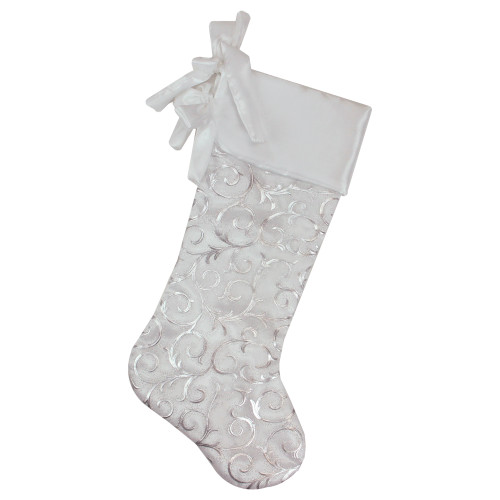 19�� White and Silver Filigree Christmas Stocking with Bows