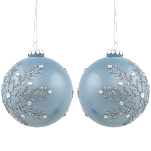 Set of 2 Shiny Stone Blue Glitter Snowflakes Glass Christmas Ball Ornaments 4"
