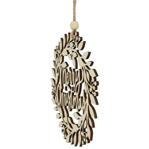 8" Natural "Merry Christmas" Wooden Wreath Ornament