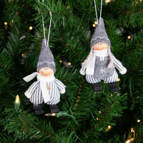 Set of 2 Gray and White Striped Plush Twin Gnomes Christmas Ornaments 5.5"