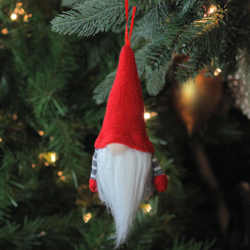 6" Tiny Gray Faux Fur Christmas Santa Gnome with Red Hat Ornament