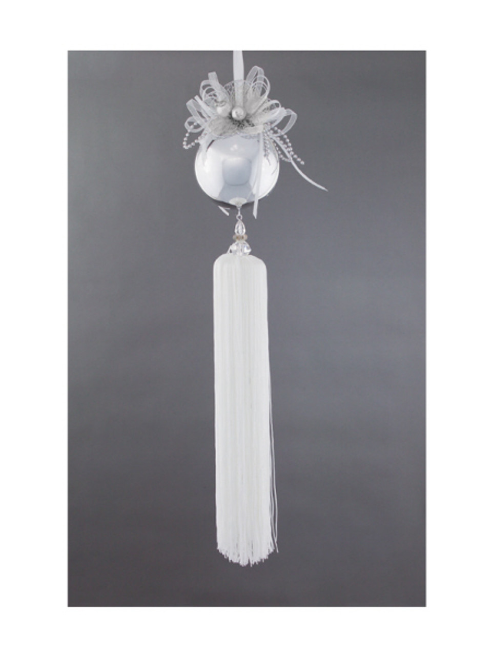 21" Silver and White Snow Drift Ball with Tassel Christmas Ornament