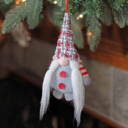 6" Gray and Red Plaid Santa's Helper Gnome Hat Christmas Ornament